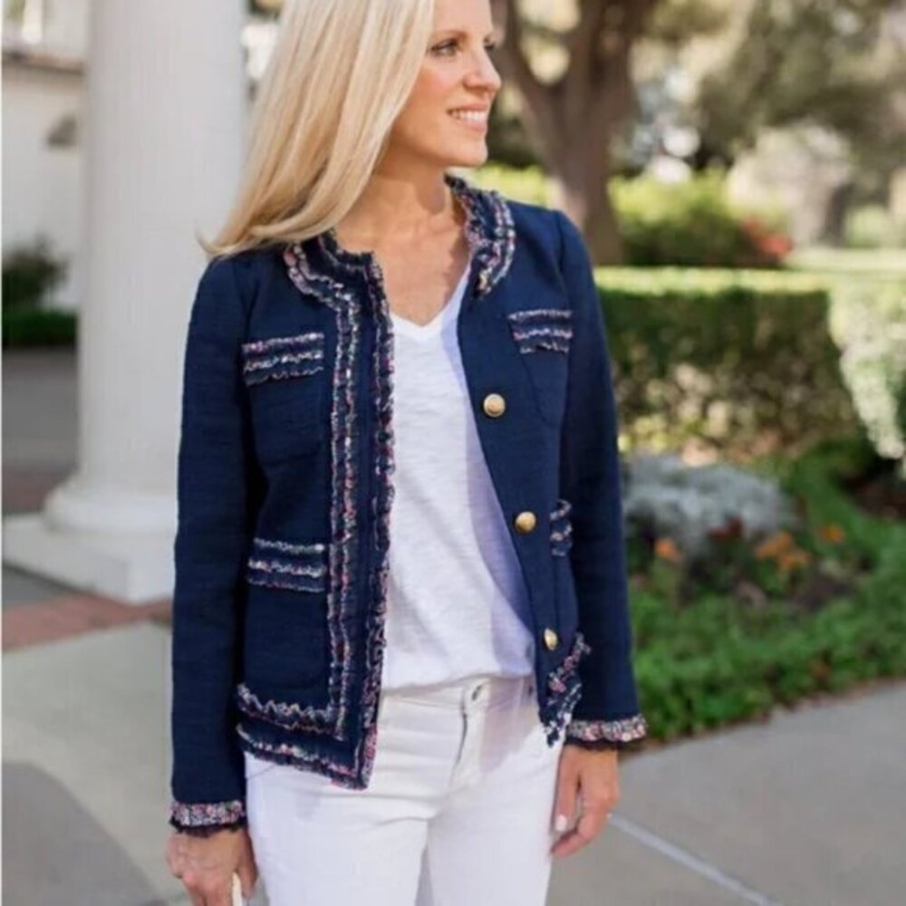 J. Crew Lady Jacket Navy Blue Floral Liberty Fabric Ruffle Trim Tweed Blazer (4)